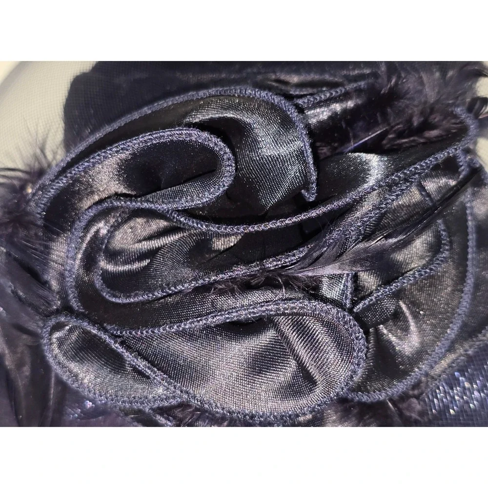 Navy Blue Wool Felt Church Hat Satin Crown Flower Feather Veil Pillbox Wide Brim